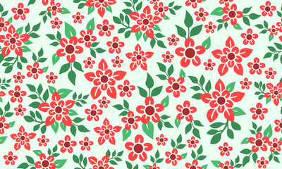 Red flower background for vintage Christmas concept, with seamless drawing of leaf and flower.