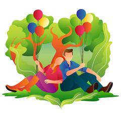 A couple lovers celebrate Valentine's Day in a forest with lots of balloons. Template illustration for website, landing page and mobile app