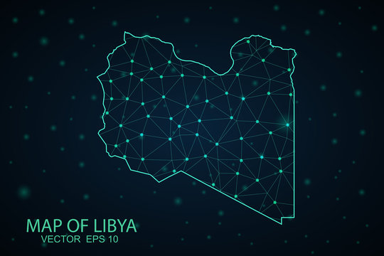 Map of Libya. Wire frame 3D mesh polygonal network line, design sphere, dot and structure. communications map of Libya. Vector Illustration EPS10.