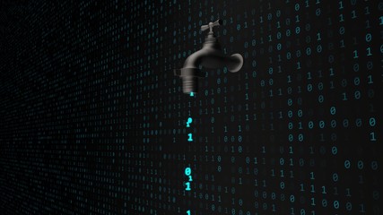 Data Leak Concept with Software Binary Code Flowing from Faucet Tap - Abstract Background Texture