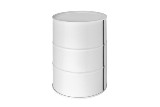 White metal barrel on white background isolated close up, oil drum, steel keg, tin canister, blank closed food or paint can, aluminium cask, petroleum storage packaging, fuel container, gasoline tank