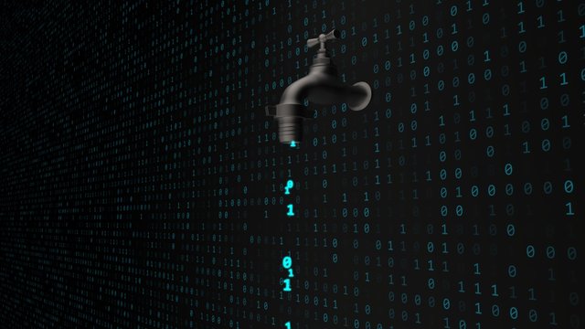 Data Leak Concept with Software Binary Code Flowing from Faucet Tap - Abstract Background Texture