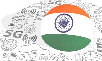 Mobile gadgets technology relative image. Circle frame with technology thin line icons. 5G Network Symbol. Flag of the India. 3D rendering