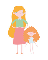 happy valentines day, cute young woman and little cupid cartoon