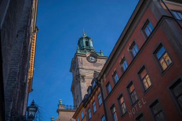 Church tower in the old town of Stockholm a winter day