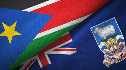 South Sudan and Falkland Islands two flags textile cloth, fabric texture
