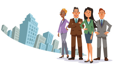 Group of business people with city landscape.Global corporate and diverse teamwork concept.Colorful vector illustration in flat cartoon style.