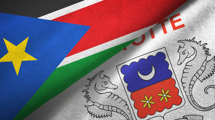 South Sudan and Mayotte two flags textile cloth, fabric texture