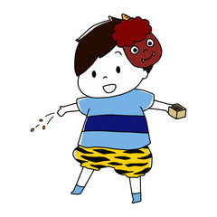 節分で鬼の仮面とパンツを身に着けて豆まきをする男の子