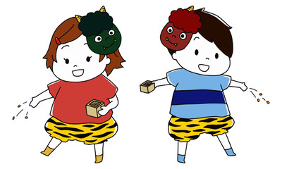 節分で鬼の仮面とパンツを身に着けて豆まきをする子どもたち