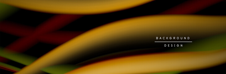 Сolorful flow poster. Wave liquid lines and shapes in black color background. Vector Illustration