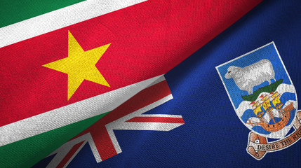 Suriname and Falkland Islands two flags textile cloth, fabric texture