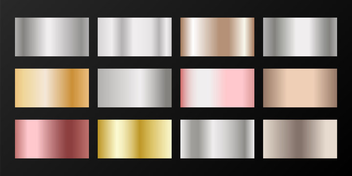 Silver, platinum, bronze, pink gold vector metallic gradients.