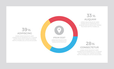 Fototapeta premium Set of blue and red, yellow elements for infographic presentation slides with charts, graphs, steps, timeline, circles, number options.
