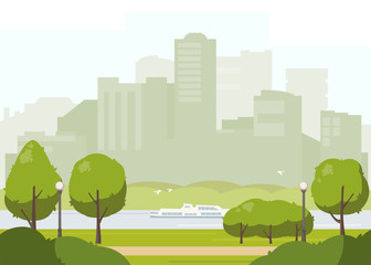 City park landscape flat illustration. Stock vector. Spring or summer park with green trees, walkway,lantern, river and river tram. High rise buildings in the background.