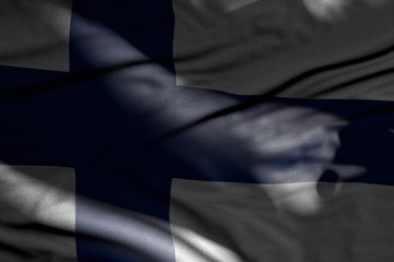 beautiful photo of dark Finland flag with folds lay in shadows with light spots on it - any holiday flag 3d illustration..