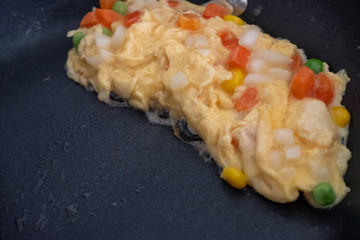 Fried omelette in a black pan