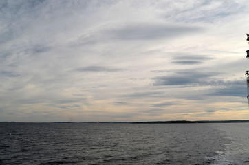 Naklejka na ściany i meble Oslofjord. View of the North Sea from Ferry from Horten to Moss connects Ostfold and Vestfold in Norway. Ferry crossing Oslofjord