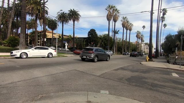 Slow-motion traffic on Hollywood Boulevard in Los Angeles California
