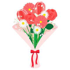 Illustration of a bouquet of tulips, roses and Gerbera daisys (red)