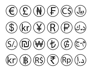 Currency symbol, icon set. Vector illustration, flat design.