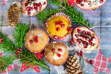 Muffins with Banana and Pomegranate .Traditional Christmas Muffins