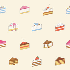 Sweet dessert background - Vector color seamless pattern of cake, pastry, chocolate and cupcake, for graphic design