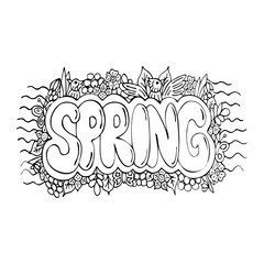 Hand drawn word 'spring'. Doodle leaves and flowers. Vector illustration. EPS 10
