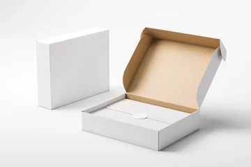 Foto op Canvas Open and closed white realistic cardboard box with paper and a sticker on a light background. The concept of business gifts. Mock up. 3d rendering © katestudio