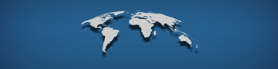 Weltkarte auf klassischem blauem Hintergrund.