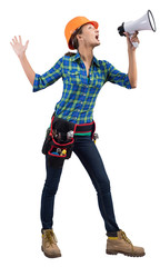 Expressive woman in helmet shouting into megaphone