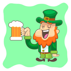 A cute St Patrick's day leprechaun cartoon character drink a beer
