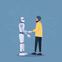 Man And Robot Handshake, Arab Businessman Shaking Hands With Modern Robotic, Artificial Intelligence Concept Flat Vector Illustration