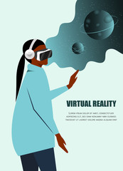 Cartoon African American woman Character Wearing VR Headset Glasses. place for text. Augment Reality and Imaginary Universe. Astronomy Studying. High Technology.