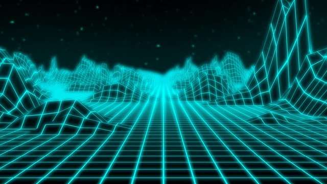 Fly through Retro 80s Landscape Low Poly Neon Mountains and Stars - 4K Seamless Loop Motion Background Animation