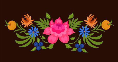 Ornament of flowers and berries on a dark background. Vector graphics.