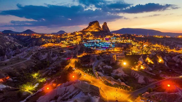 Hyperlapse of Uchisar Castle at twilight in Cappadocia, Turkey.