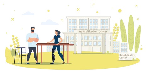 Rehabilitation Center for People with Disabilities Trendy Flat Vector Concept. Disabled Woman with Leg Prosthesis Training to Walk on Parallel Bars, Therapist Helping Disabled Woman Illustration