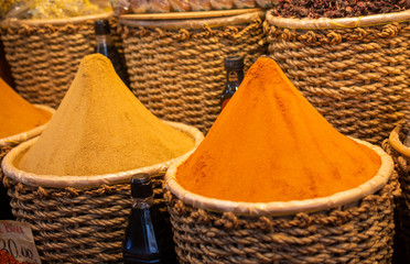 Colorful spices in the Turkish  Grand Spice Bazaar in Istanbul, Turkey