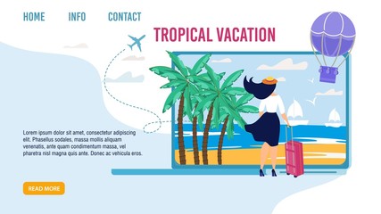 Landing Page for Choosing Best Tropical Vacation. Woman Standing with Luggage Bag and Looking forward Seaside. Sailboats, Palms, Flying Air Hot Balloon Design. Tour Agency. Vector Illustration