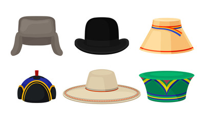 Traditional National Headwear Isolated on White Background Vector Set