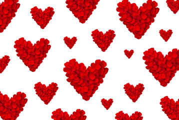 Fototapeta na wymiar Valentines Day card with Heart Made of Red Roses petals Isolated on white.