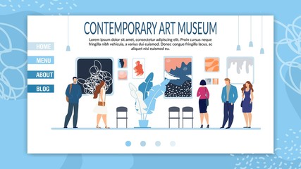 Creative Contemporary Art Museum Responsive Landing Page Layout. Booking Tickets and Cultural Tour to Gallery. Blog and Studio Departments Description for Potential Visitors. Vector Illustration