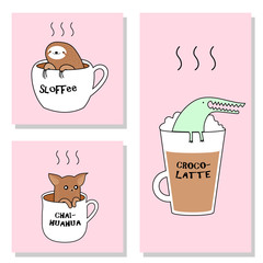 A set of three cards with a cute sloth, dog, crocodile