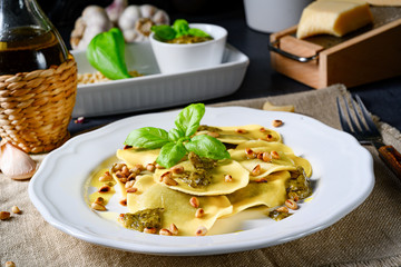 Vegetariano italiano! Tortelli with roasted pine nuts and pesto basilico