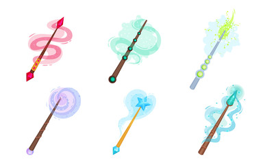 Decorative Magic Wands with Sparkling Waves Vector Set