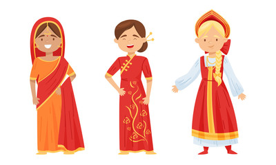 Females Wearing Traditional Costumes Standing and Smiling Vector Set