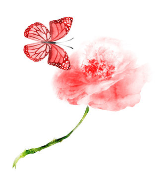 Watercolor flower with butterfly , isolated on white background