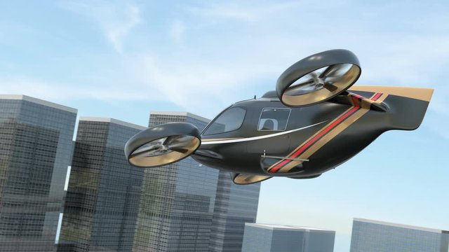 Black Passenger Drone (flying car) land to drone Port. 3D rendering animation.