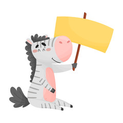 Smiling Striped Little Zebra Holding Banner with Copyspace Vector Illustration